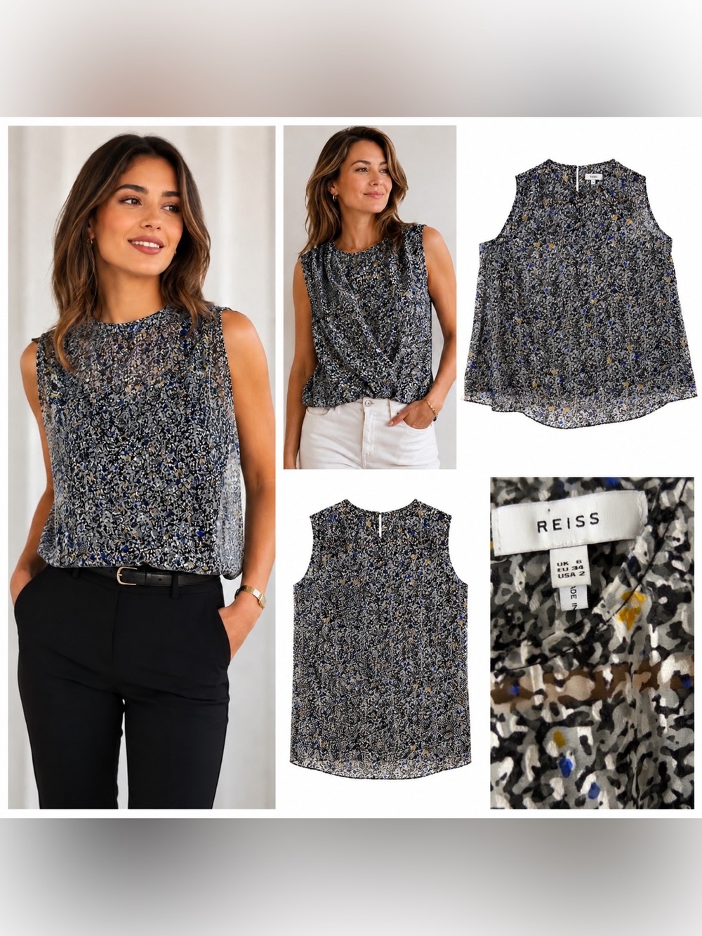 REISS Abstract Floral Sheer Draped Sleeveless Top US 2 UK 6